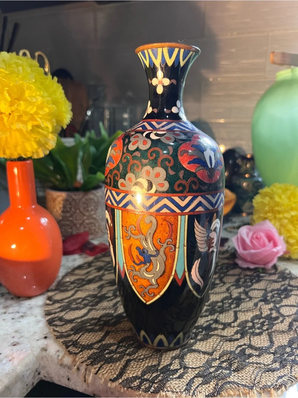 Antique Black Green Orange Cloisonné Vase no flaws